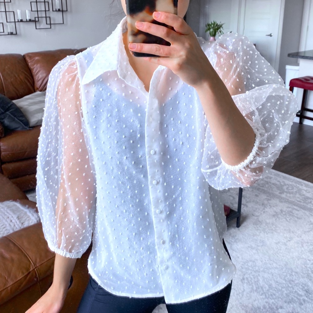 ZARA WHITE GAUZE PUFF SLEEVE BUTTON TOP MED